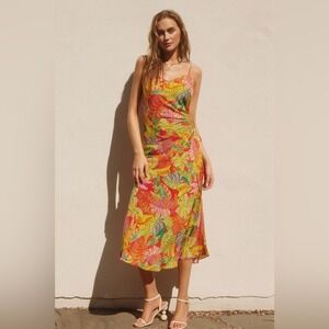 Lilyful Tropical Fruit Leaf Print‎ Midi Dress Red Yellow FD10828-P1041 Small
